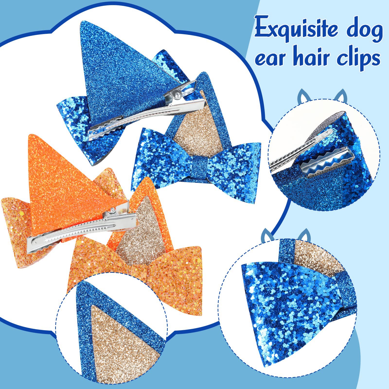 Bicllcsdd Dog Birthday Party Supplies，Blue Party Decorations Ears Hair Bow Clips for Kid, Boys and Girls Halloween Costume Accessories Animal Cosplay (4 PCS)