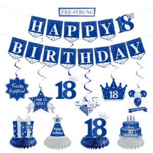 pre-strung 18th birthday decorations, happy 18th birthday banner sign hanging swirls honeycomb centerpieces set for boy men blue, 18 year old birthday party backdrop decor supplies, phxey