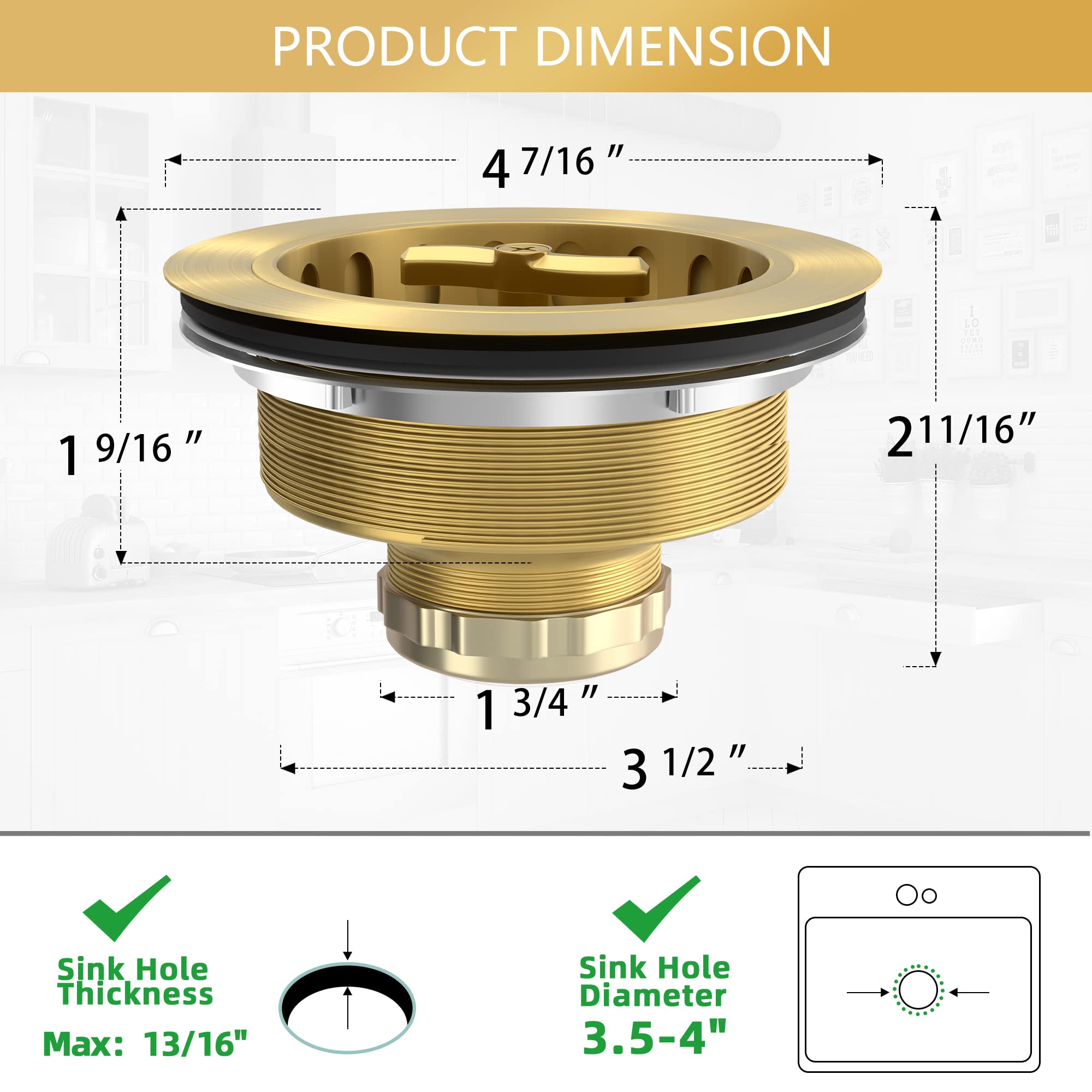 Gold Sink Drain Strainer 3-1/2 Inch Kitchen Sink Drain Assembly Kit with Stainless Steel Strainer Basket and Drain Stopper for Standard Kitchen Sink Brushed Gold