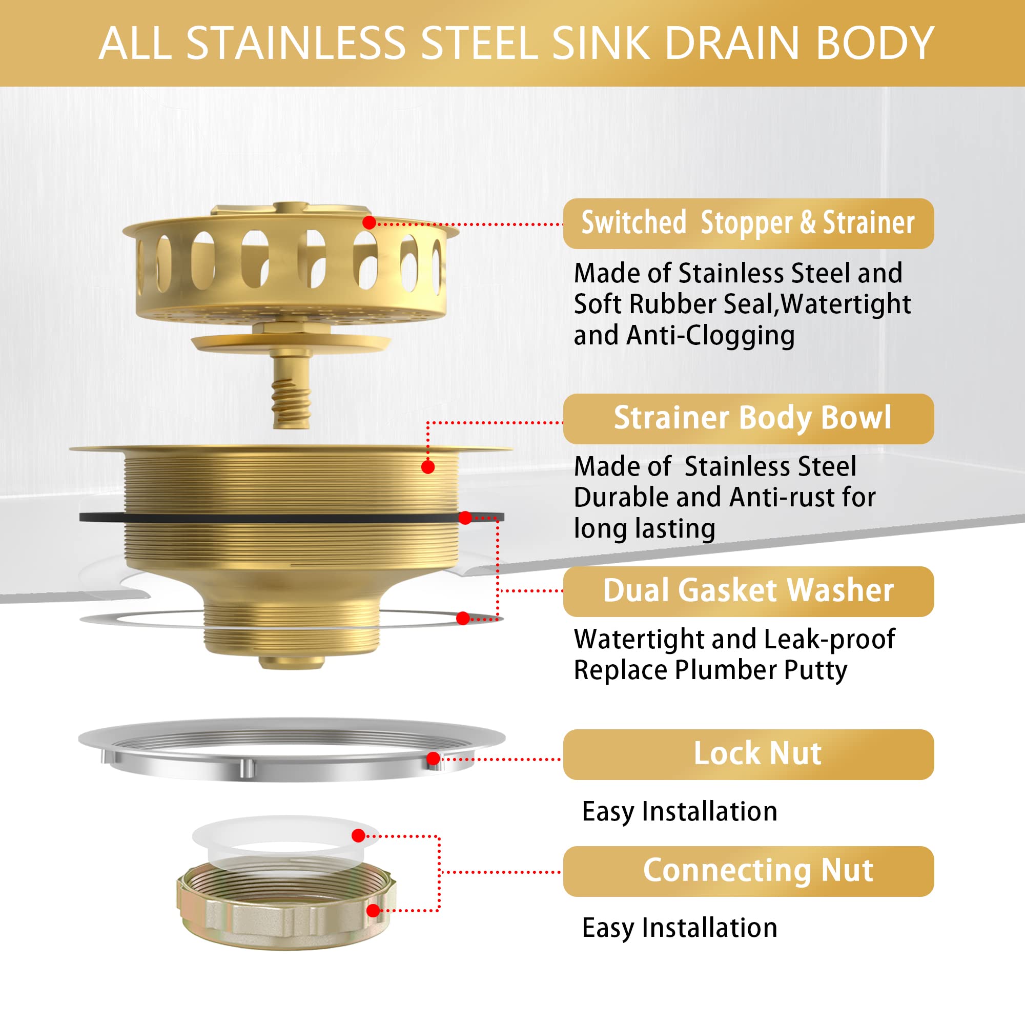 Gold Sink Drain Strainer 3-1/2 Inch Kitchen Sink Drain Assembly Kit with Stainless Steel Strainer Basket and Drain Stopper for Standard Kitchen Sink Brushed Gold