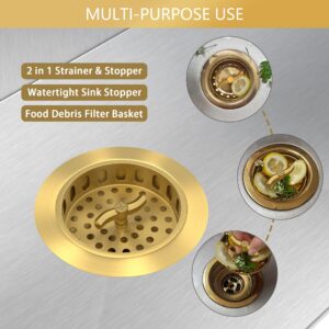 Gold Sink Drain Strainer 3-1/2 Inch Kitchen Sink Drain Assembly Kit with Stainless Steel Strainer Basket and Drain Stopper for Standard Kitchen Sink Brushed Gold