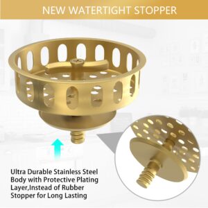 Gold Sink Drain Strainer 3-1/2 Inch Kitchen Sink Drain Assembly Kit with Stainless Steel Strainer Basket and Drain Stopper for Standard Kitchen Sink Brushed Gold