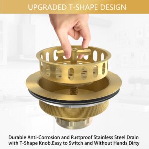 Gold Sink Drain Strainer 3-1/2 Inch Kitchen Sink Drain Assembly Kit with Stainless Steel Strainer Basket and Drain Stopper for Standard Kitchen Sink Brushed Gold