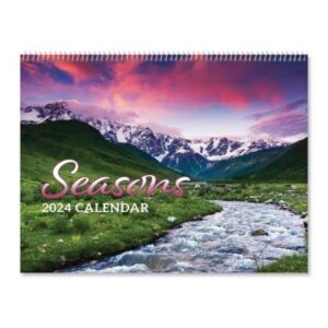 2024 seasons wall calendar, 12-inch x 9-inch size closed, 18-inch size open, large bookstore-quality, spiral-bound hanging monthly wall calendars for kitchen & office, by current