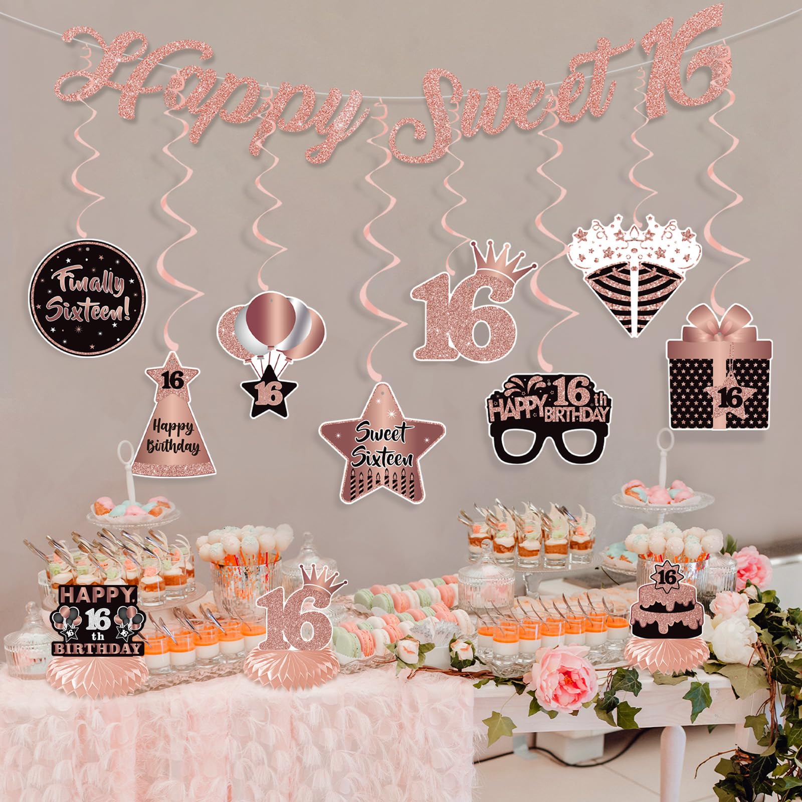 HTDZZI Sweet 16 Birthday Letter Banner Hanging Swirls Honeycomb Centerpieces Decorations Kit, Happy 16th Birthday Decorations for Girls, Rose Gold Sweet Sixteen Birthday Party Backdrop Decor Supplies