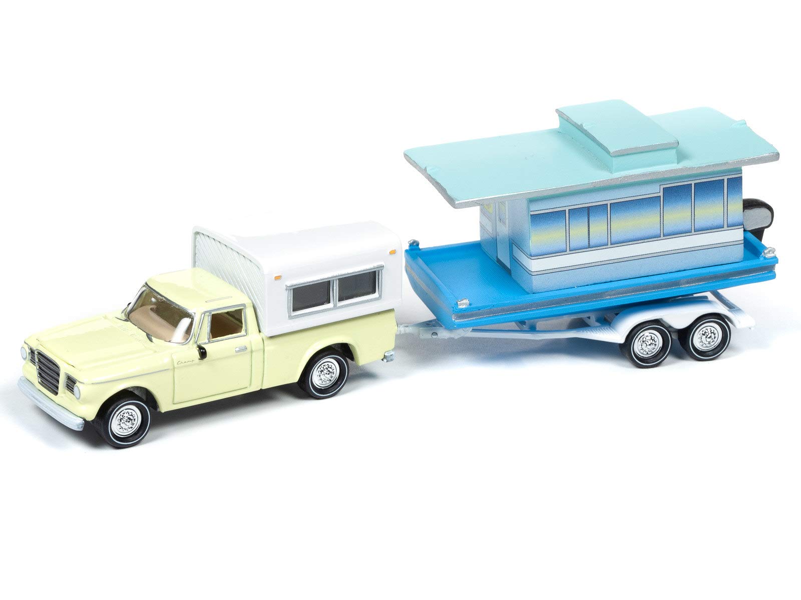 1960 Studebaker Pickup Truck w/Camper Shell Jonquil Yellow w/Houseboat Limited Edition to 4,504 Pieces Worldwide Hulls & Haulers Series 2 1/64 Diecast Model by Johnny Lightning JLBT012B-JLSP070