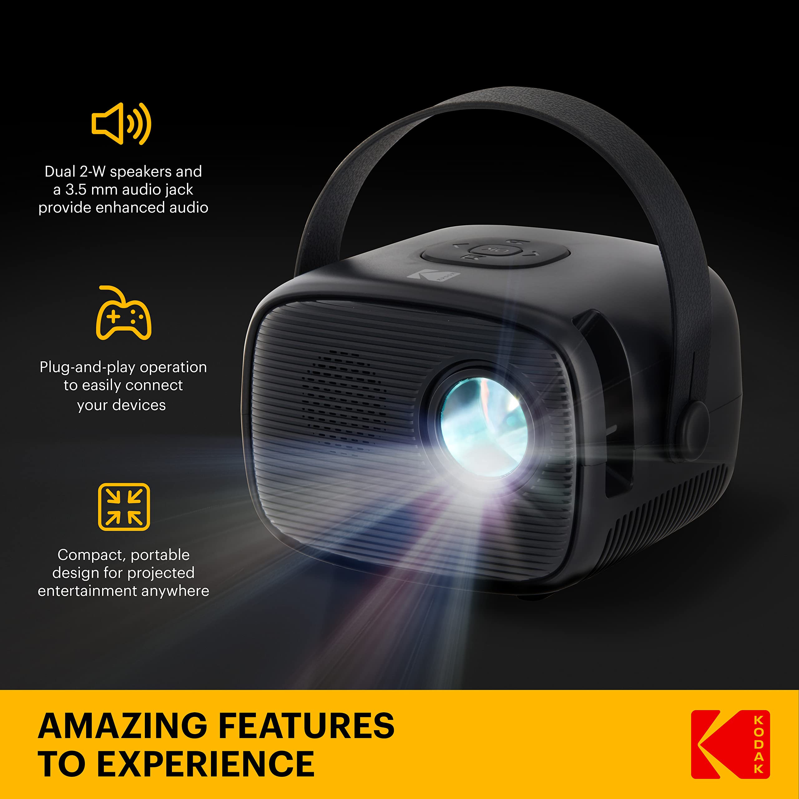KODAK FLIK X2 Mini Pico Projector | Portable 100” Projector with Remote Control, Speakers & Carry Handle Plays Movies, TV & Games | Compatible with HDMI, USB, AV, MicroSD, Smartphone, Firestick, Black