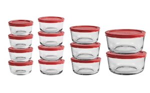 anchor hocking 26 piece glass storage containers with lids (13 glass food storage containers & 13 red snugfit lids)