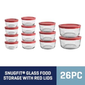 Anchor Hocking 26 Piece Glass Storage Containers with Lids (13 Glass Food Storage Containers & 13 Red SnugFit Lids)