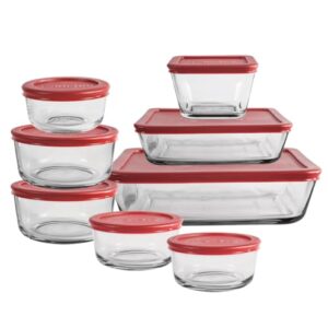 anchor hocking 16 piece glass storage containers with lids (8 glass food storage containers & 8 red snugfit lids)