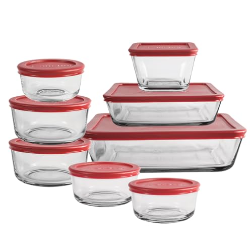 Anchor Hocking 16 Piece Glass Storage Containers with Lids (8 Glass Food Storage Containers & 8 Red SnugFit Lids)