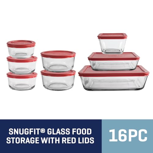 Anchor Hocking 16 Piece Glass Storage Containers with Lids (8 Glass Food Storage Containers & 8 Red SnugFit Lids)