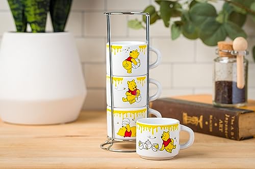 Silver Buffalo Disney Winnie the Pooh Honey Hunny Drips 4pc Stackable Ceramic Espresso Small Cup Set, 3 Ounces