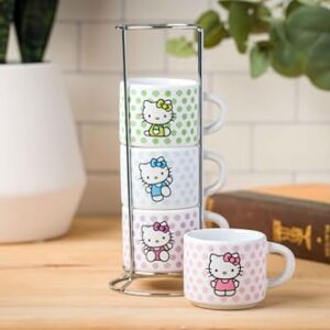 Silver Buffalo Sanrio Hello Kitty Polka Dots 4pc Stackable Ceramic Espresso Small Cup Set, 3 Ounces