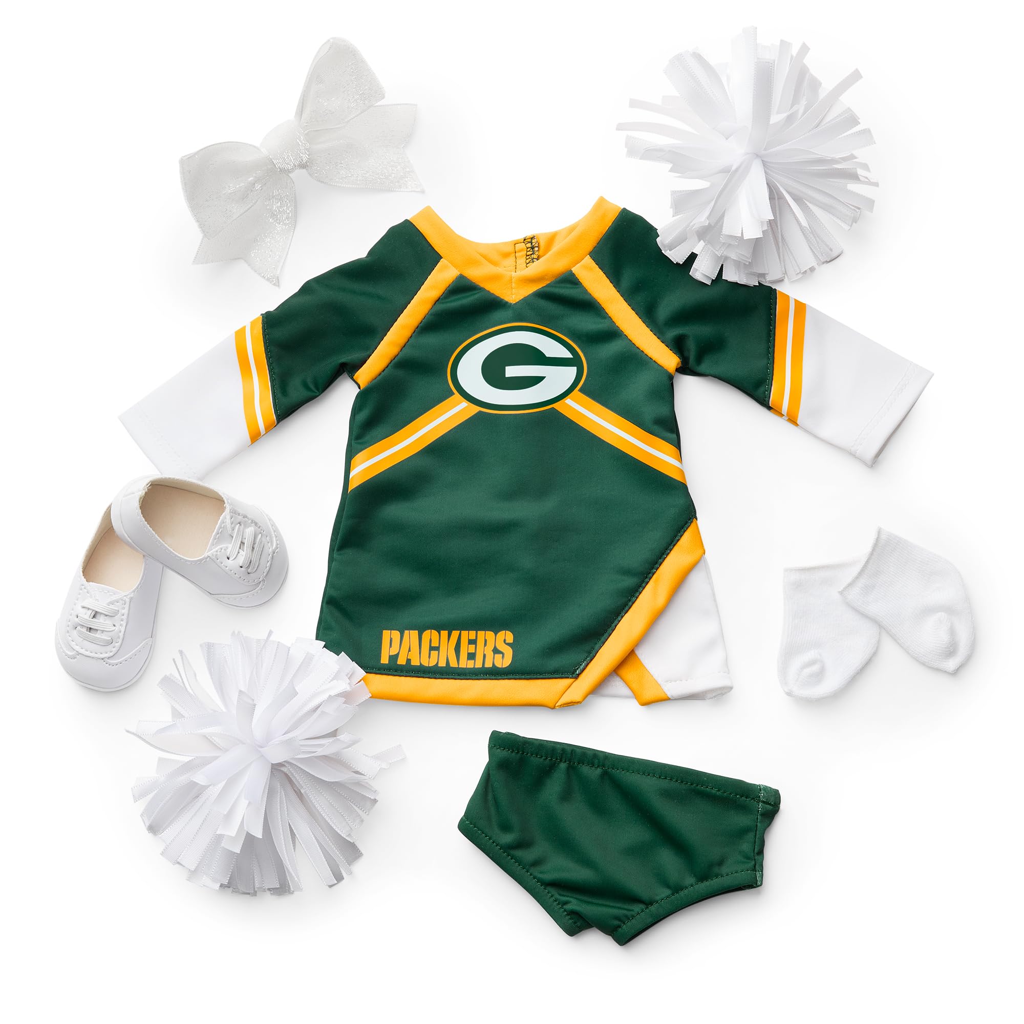 American Girl Greenbay Packers Cheer Uniform 18 inch Doll Clothes with Pom Poms, Navy and Grey, 5 pcs, Ages 6+