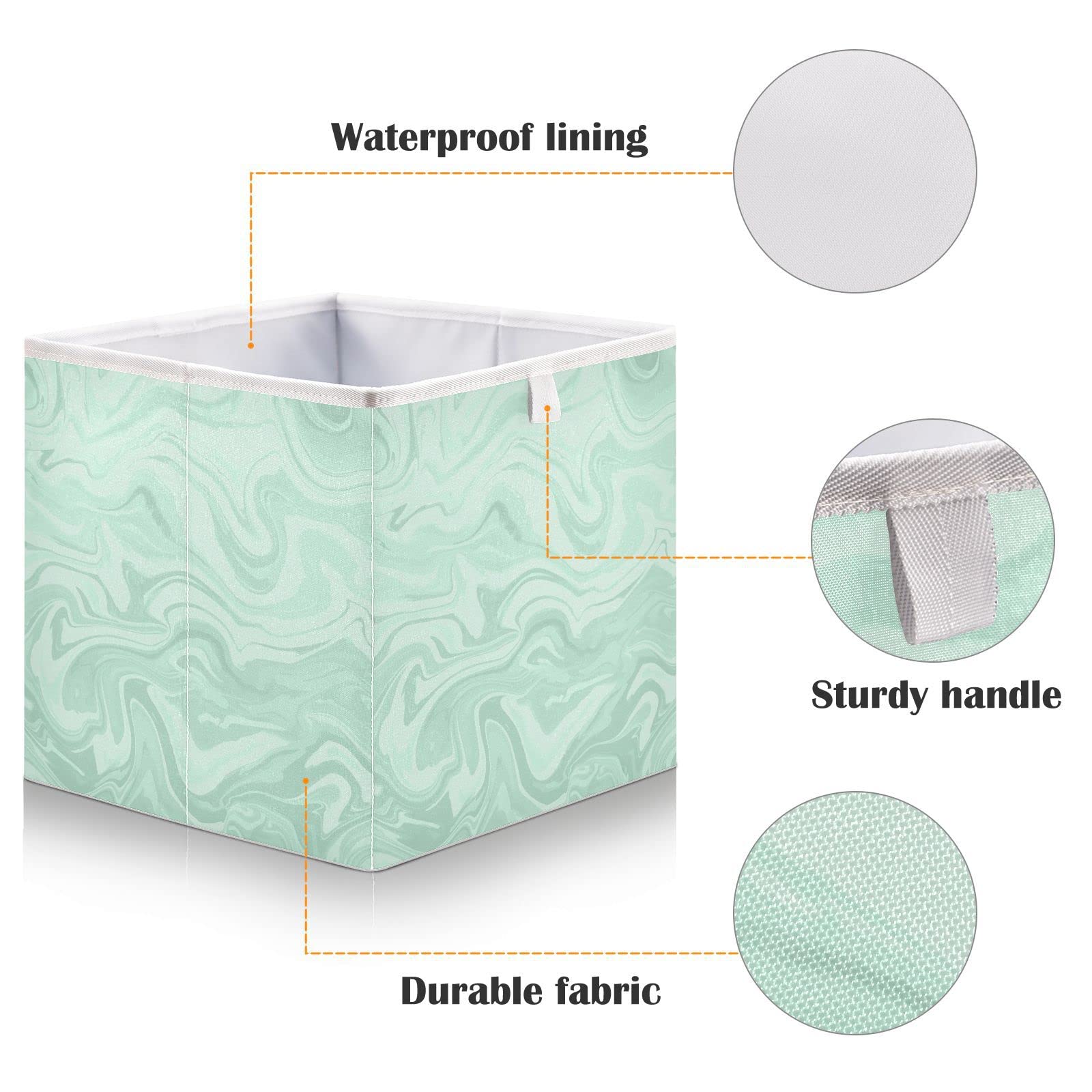 Burbuja Abstract Marble Mint Green Storage Cubes Fabric Storage Bins Foldable Closet Organizer Basket with Handle, 15.7x10.6x6.7 Inch