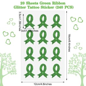 20 Sheets 240 Pcs Green Ribbon Temporary Tattoos Mental Health Awareness Tattoo Sticker for Adult Teens School Fundraiser Charity Public Social Event Welfare Supplies