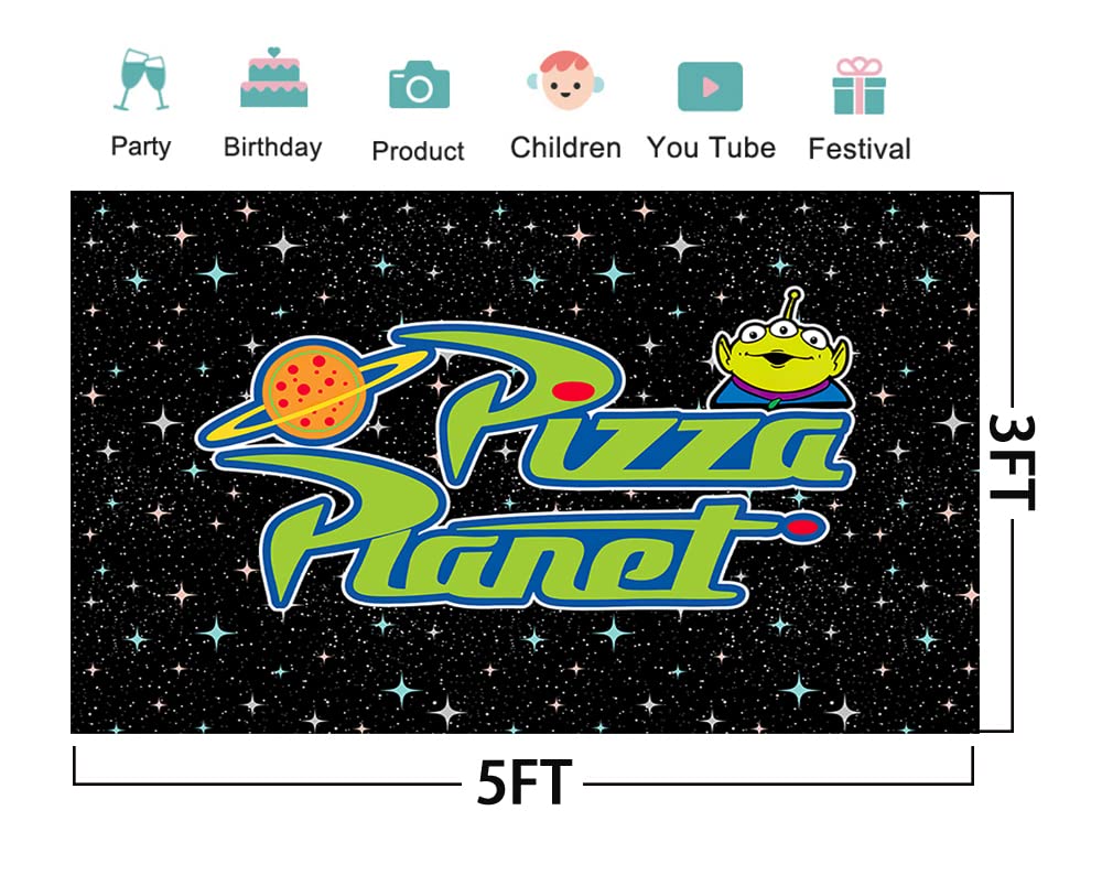Pizza Planet Backdrop for Birthday Party Decorations Outspace Background for Baby Shower Party Cake Table Decorations Supplies Toy Story Theme Banner 5x3ft