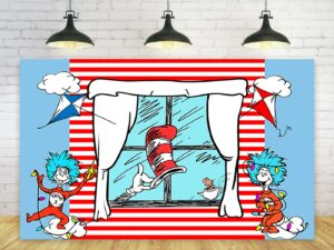 red and blue stripes backdrop party supplies dr seuss birthday theme photo background cat in the hat banner for birthday party caketable decoration 5x3ft