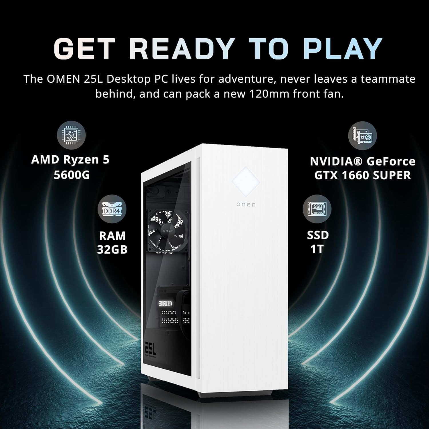 HP OMEN 25L Gaming Desktop, AMD Ryzen 5 5600G, NVIDIA GeForce GTX 1660 Super 6G GDDR6, 32GB DDR4 RAM, 1TB PCIe SSD + 1TB HDD, Wi-Fi 6, Bluetooth 5.0, Win 11 Pro, White, 32GB Hotface USB Card