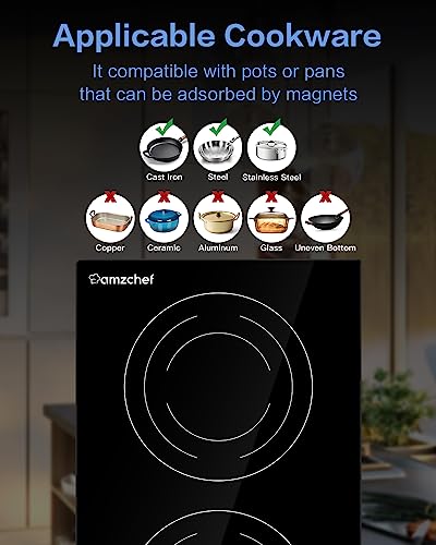 AMZCHEF Electric Induction Cooktop 2 Burners,12" Electric Stove Top with Plug 1800W, 120V, 9 Power Levels, Child lock, Timer, Touch Control, Induction Stove for Fast Cooking, Bulit-in&Countertop