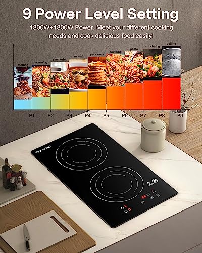 AMZCHEF Electric Induction Cooktop 2 Burners,12" Electric Stove Top with Plug 1800W, 120V, 9 Power Levels, Child lock, Timer, Touch Control, Induction Stove for Fast Cooking, Bulit-in&Countertop