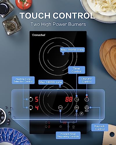 AMZCHEF Electric Induction Cooktop 2 Burners,12" Electric Stove Top with Plug 1800W, 120V, 9 Power Levels, Child lock, Timer, Touch Control, Induction Stove for Fast Cooking, Bulit-in&Countertop