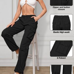 ZMPSIISA Women Pants High Waisted Cargo Pants Combat Military Trousers Wide Leg Casual Pants 8 Pockets (Black,Medium)