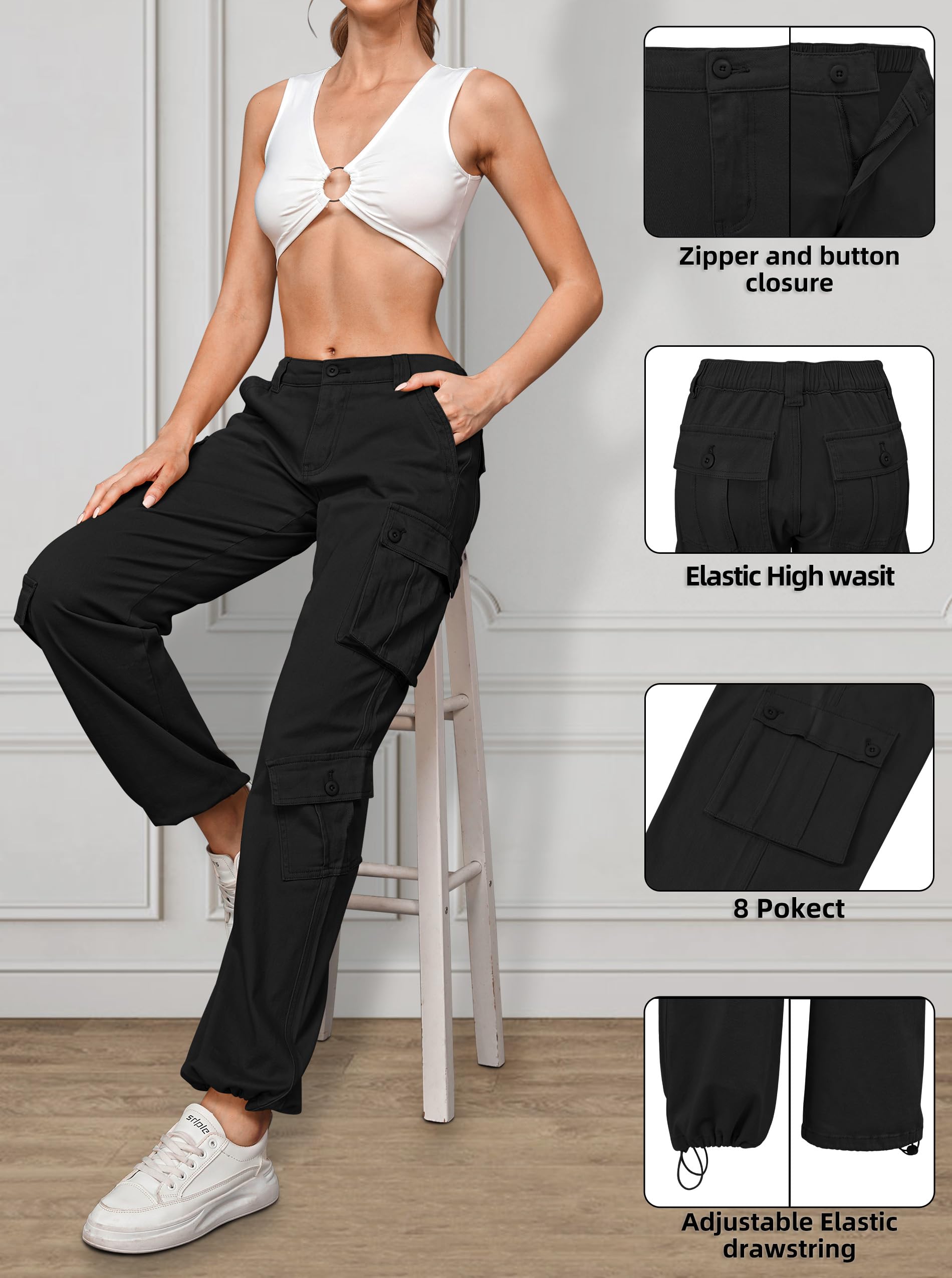 ZMPSIISA Women Pants High Waisted Cargo Pants Combat Military Trousers Wide Leg Casual Pants 8 Pockets (Black,Medium)