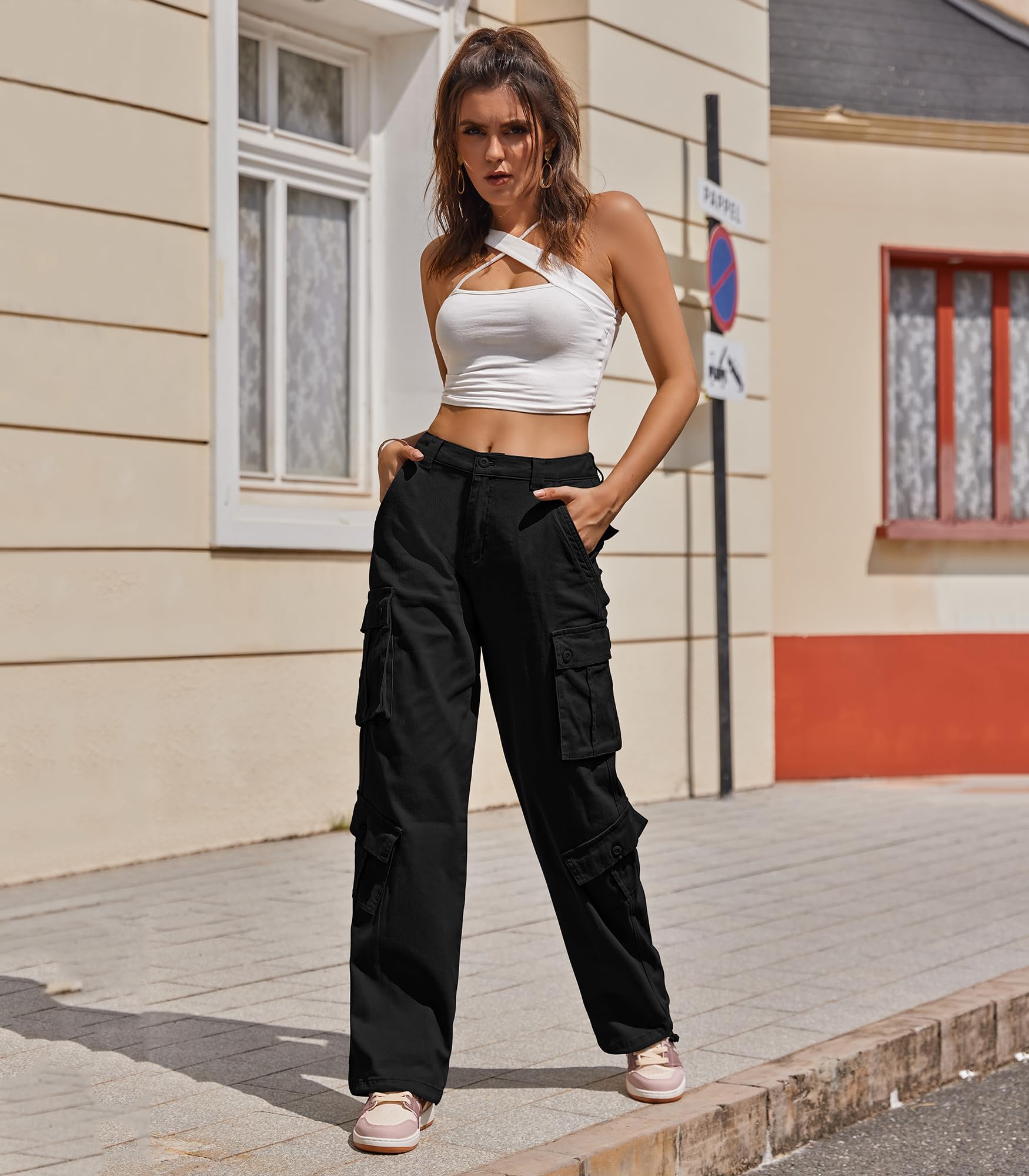 ZMPSIISA Women Pants High Waisted Cargo Pants Combat Military Trousers Wide Leg Casual Pants 8 Pockets (Black,Medium)