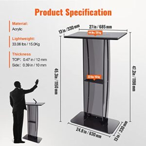 VEVOR Acrylic Podium, 47" Tall, Acrylic Podium Stand with Wide Reading Surface & Storage Shelf, Floor-Standing Clear Pulpits Acrylic for Church Office School, Black