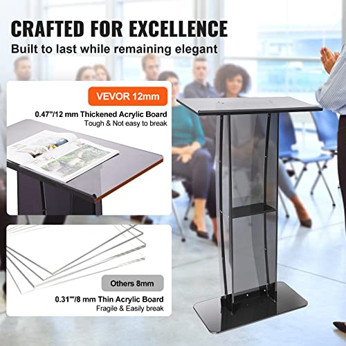 VEVOR Acrylic Podium, 47" Tall, Acrylic Podium Stand with Wide Reading Surface & Storage Shelf, Floor-Standing Clear Pulpits Acrylic for Church Office School, Black