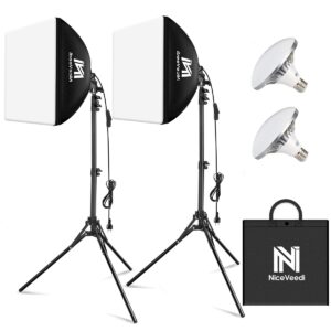 softbox lighting kit, niceveedi 2-pack 16'' x 16'' softbox photography lighting kit with 63” tripod stand & 5400k 450w equivalent led bulb, continuous lighting for photography/video record/live stream