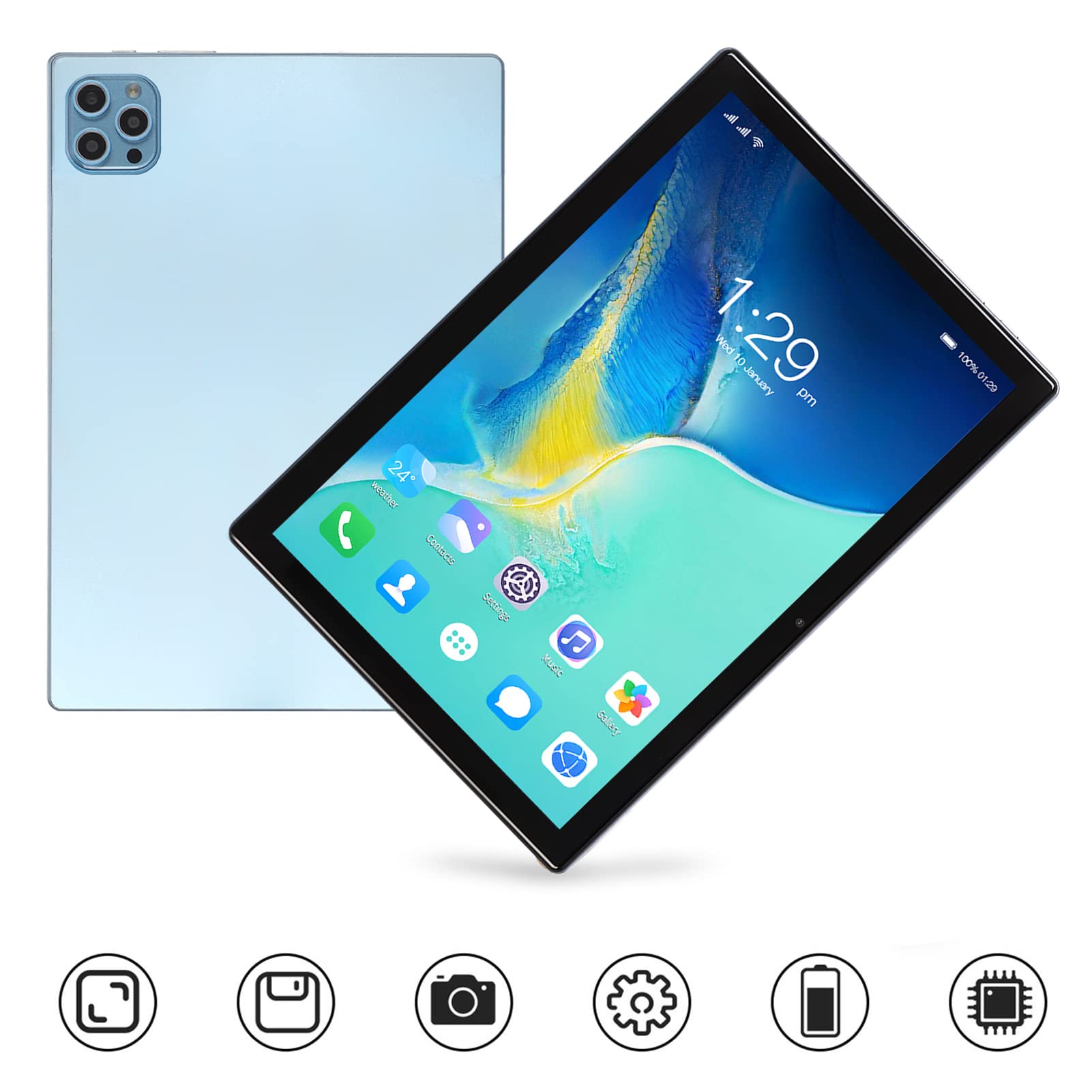 GLOGLOW 10.1 Inch FHD Tablet, 8GB RAM 256GB ROM 2 in 1 Tablet 4G Calling Blue Octa Core CPU 100‑240V for Android 12 for Work (US Plug)