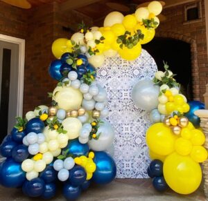 enanal lemon balloon garland arch kit, 153pcs lemon yellow royal blue and dusty blue balloons for lemonade party baby shower birthday honeybee party supplies bridal shower party decoration (lemon)