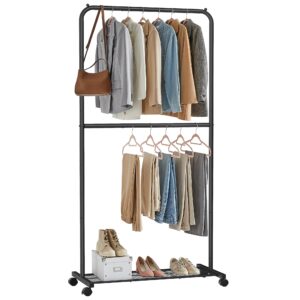 songmics clothes rack with wheels, 35.8 inch double-rod garment rack, clothing rack for hanging clothes, with dense mesh storage shelf, 44 lb load capacity, 2 brakes, steel frame, black uhsr027b01