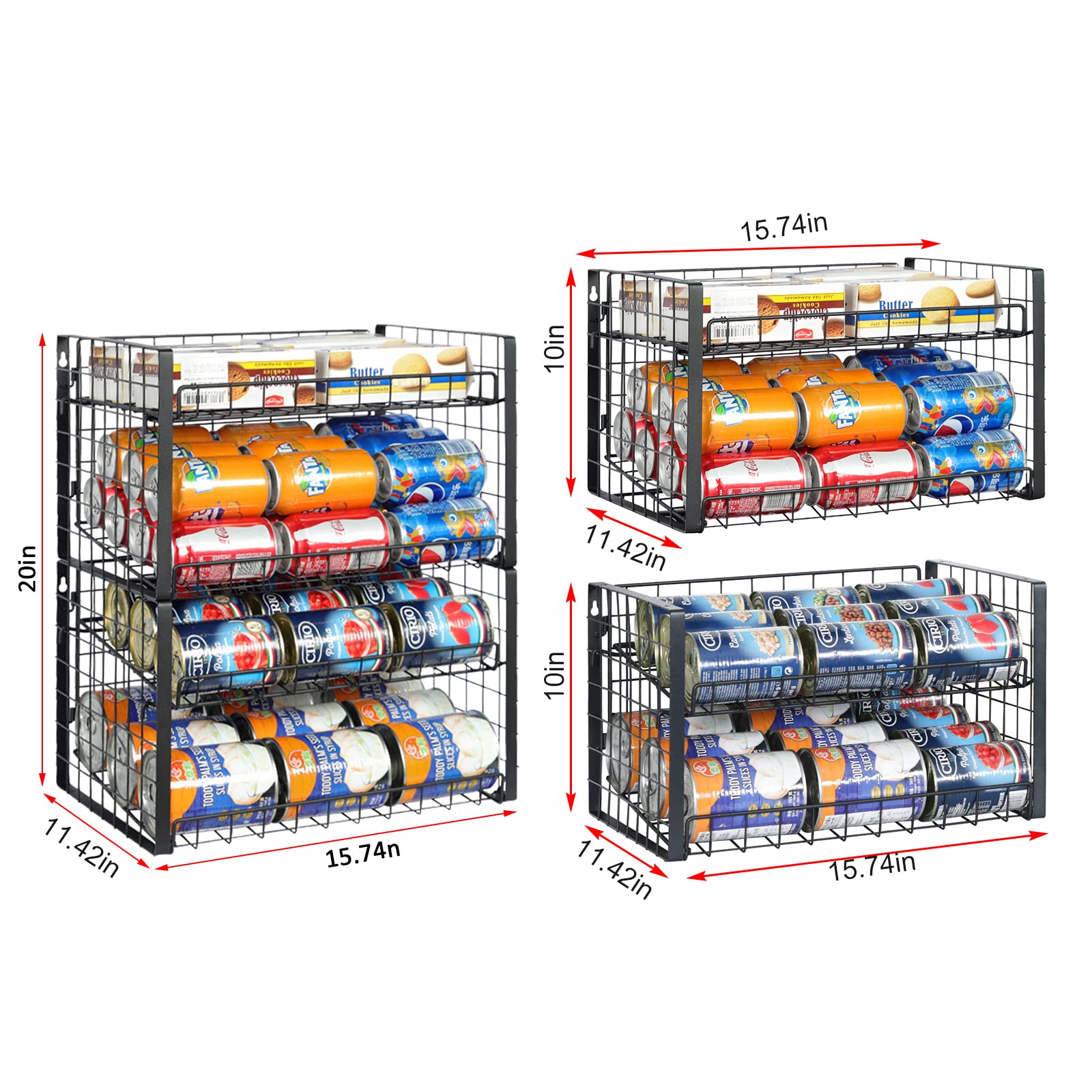 JKsmart 4-Tier Adjustable Stackable Can Rack Organizer for Pantry + 3-tier Sliding Closet Organizers and Drawer Storage(Black)