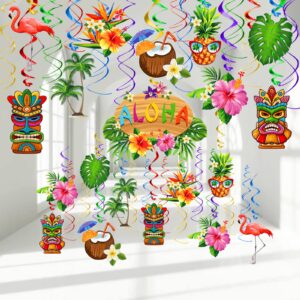 luau aloha party hanging swirl decorations hawaiian tropical flower palm flamingo sign foil ceiling decor for birthday floral tropical party summer beach pool party tiki party supplies 36pcs