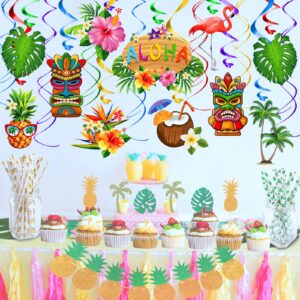 Luau Aloha Party Hanging Swirl Decorations Hawaiian Tropical Flower Palm Flamingo Sign Foil Ceiling Decor for Birthday Floral Tropical Party Summer Beach Pool Party Tiki Party Supplies 36pcs