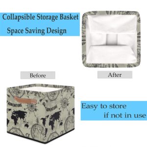 Foldable Storage Bins 13x13 Storage Cubes Old Adventure Map Fabric Storage Baskets for Shelves Drawer with Handles Organizer for Shelves Toy Nursery Closet Bedroom