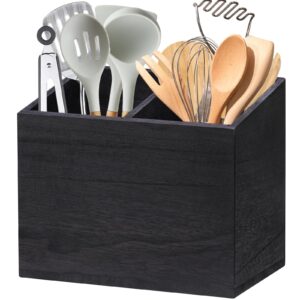 wooden kitchen utensil caddy with 2 compartments, rustic kitchen utensil holder for kitchen countertop, wood utensil crock organizer box for farmhouse kitchen decor (black)