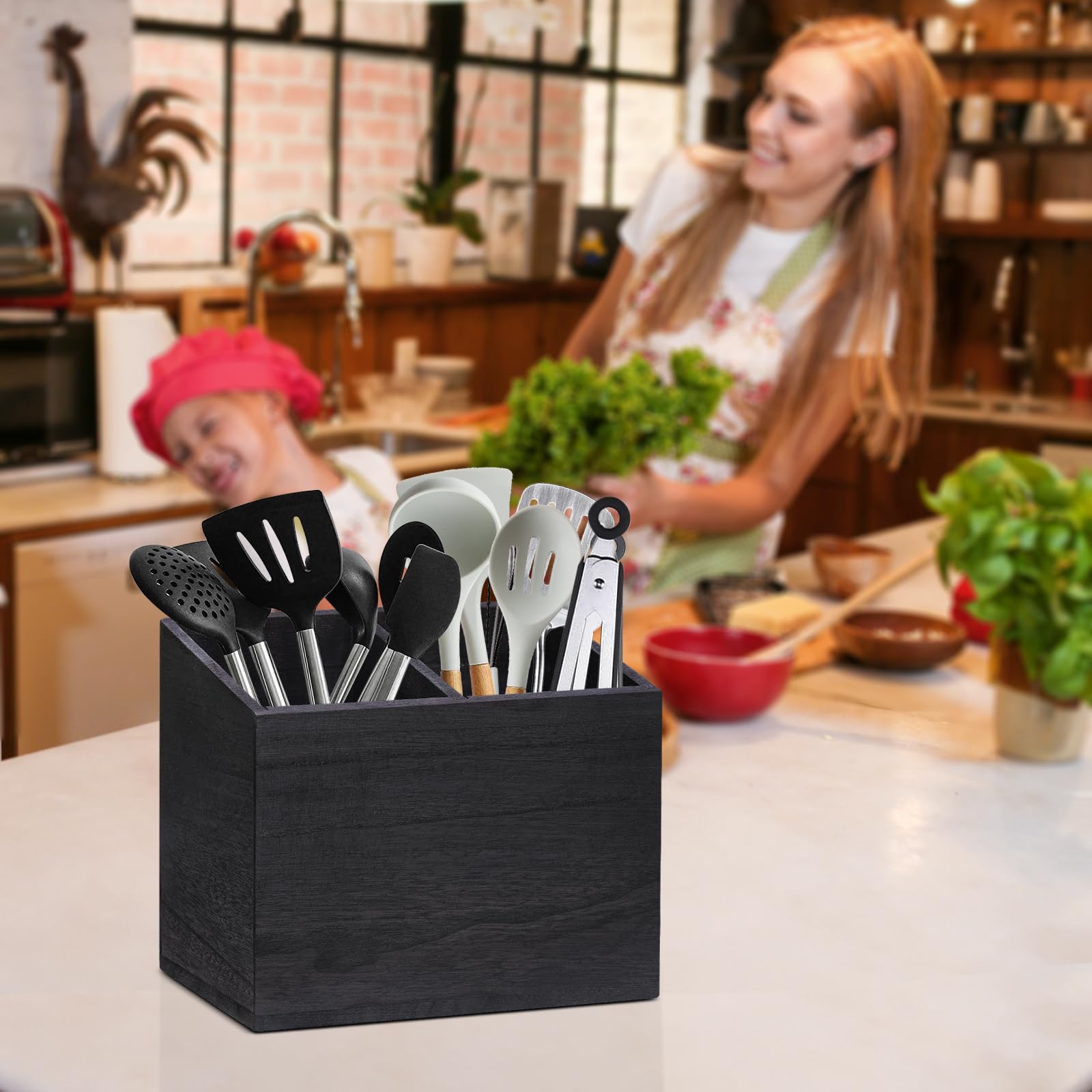 Wooden Kitchen Utensil Caddy With 2 Compartments, Rustic Kitchen Utensil Holder for Kitchen Countertop, Wood Utensil Crock Organizer Box for Farmhouse Kitchen Decor (black)