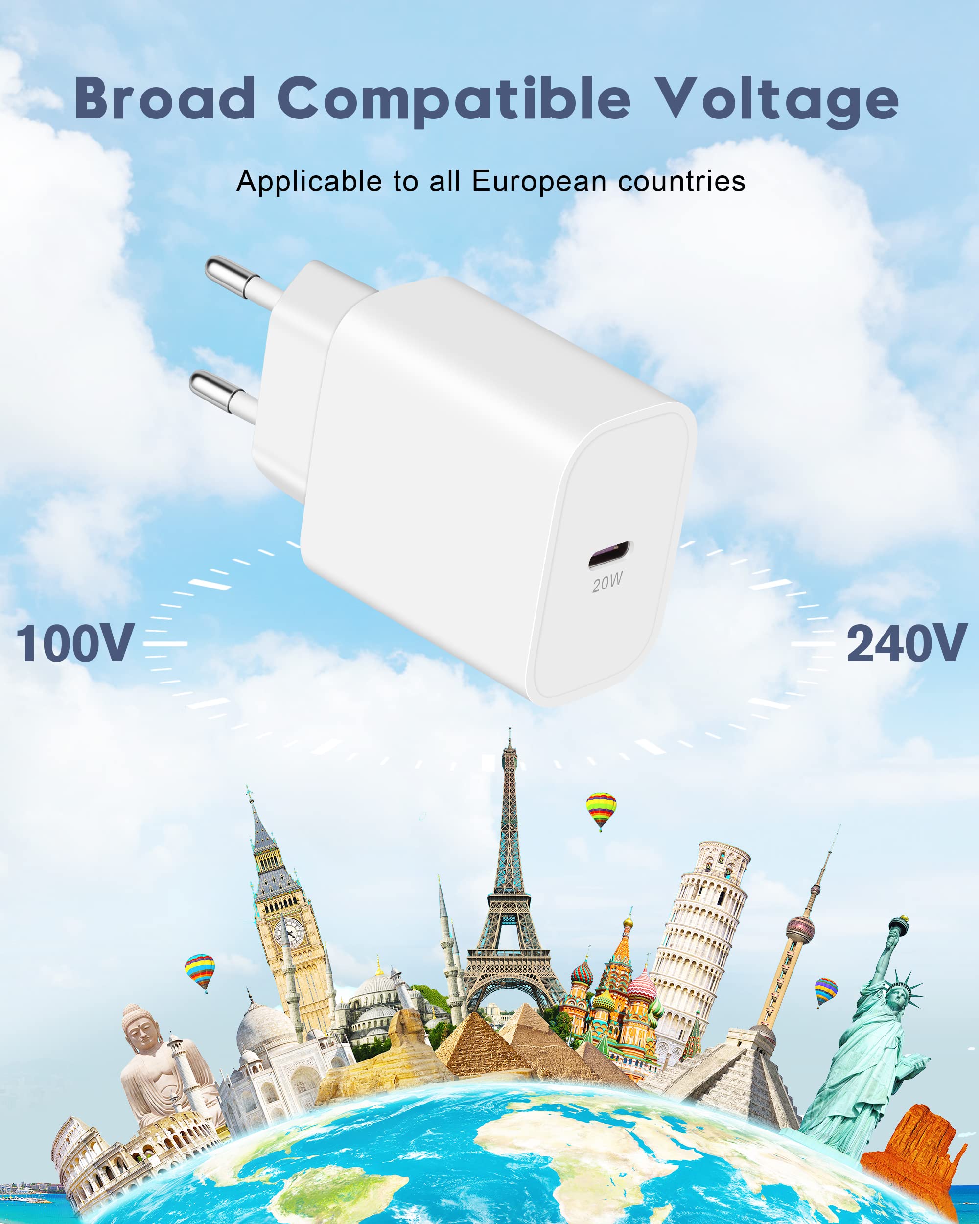 European Travel Plug Adapter, 20W iPhone Fast Charger USB C Wall Charger Block Plug with 10FT Charging Cable for iPhone 14/13/12/11 Pro Max/XS/XR/X/8, iPad, Europe EU Power Plug Type C Adaptor Charger