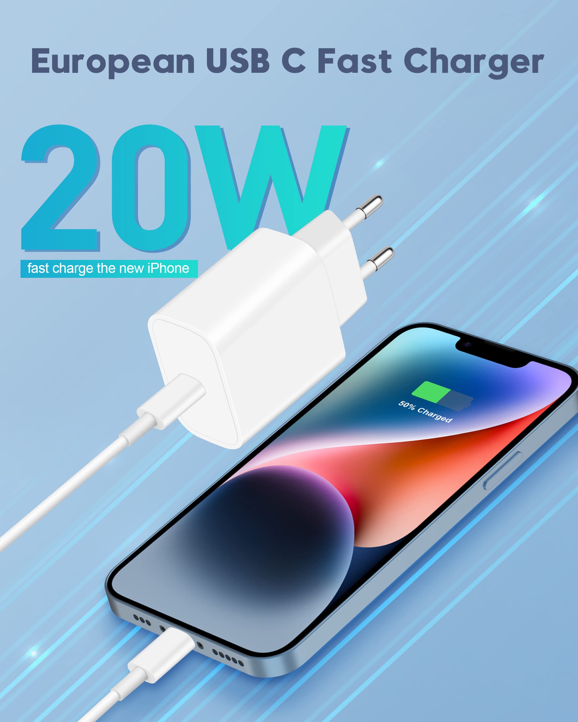 European Travel Plug Adapter, 20W iPhone Fast Charger USB C Wall Charger Block Plug with 10FT Charging Cable for iPhone 14/13/12/11 Pro Max/XS/XR/X/8, iPad, Europe EU Power Plug Type C Adaptor Charger