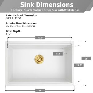 Lonsince White Undermount Kitchen Sink 28" X 18",Granite Composite Kitchen Sink,Single Bowl Undermount Workstation Sink