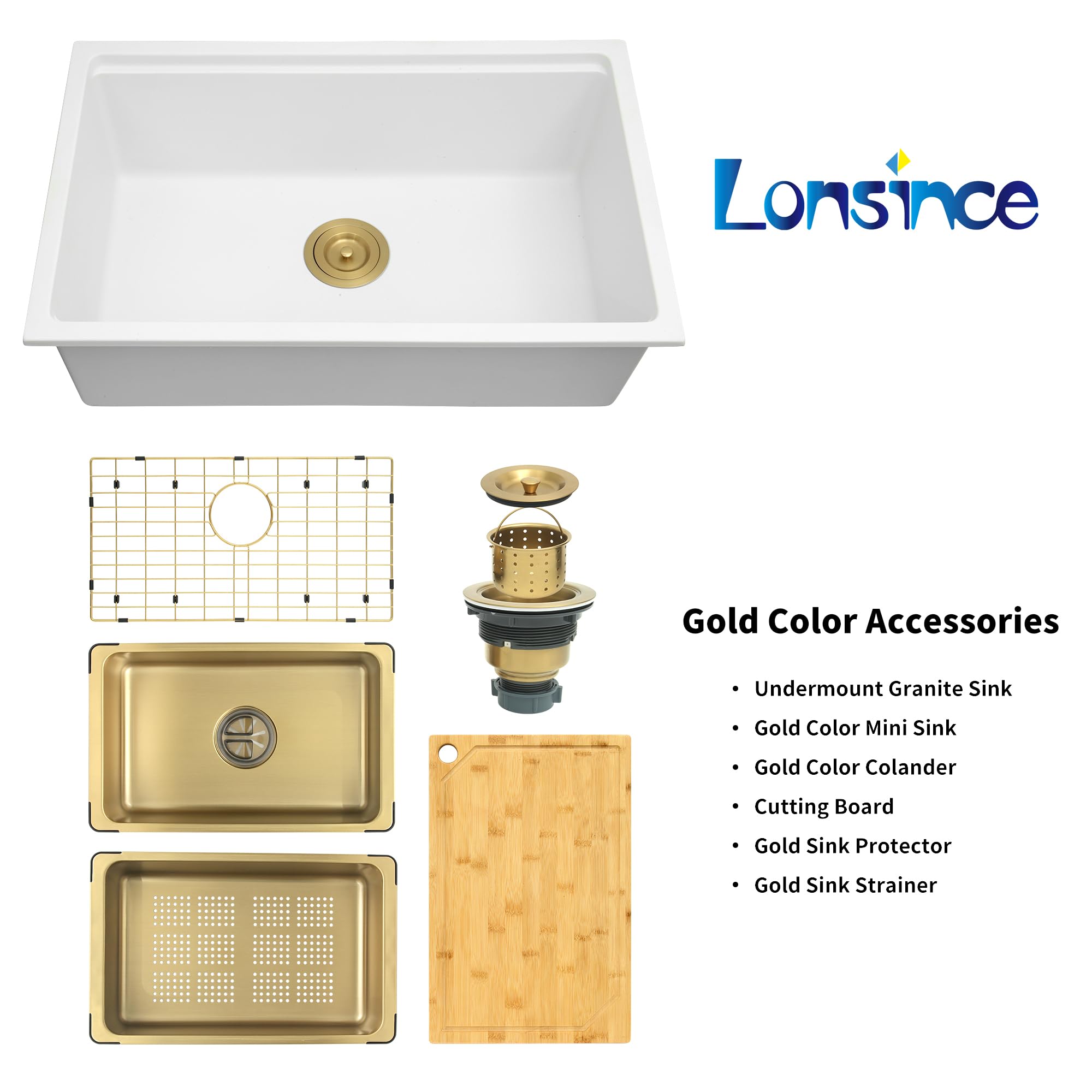 Lonsince White Undermount Kitchen Sink 28" X 18",Granite Composite Kitchen Sink,Single Bowl Undermount Workstation Sink