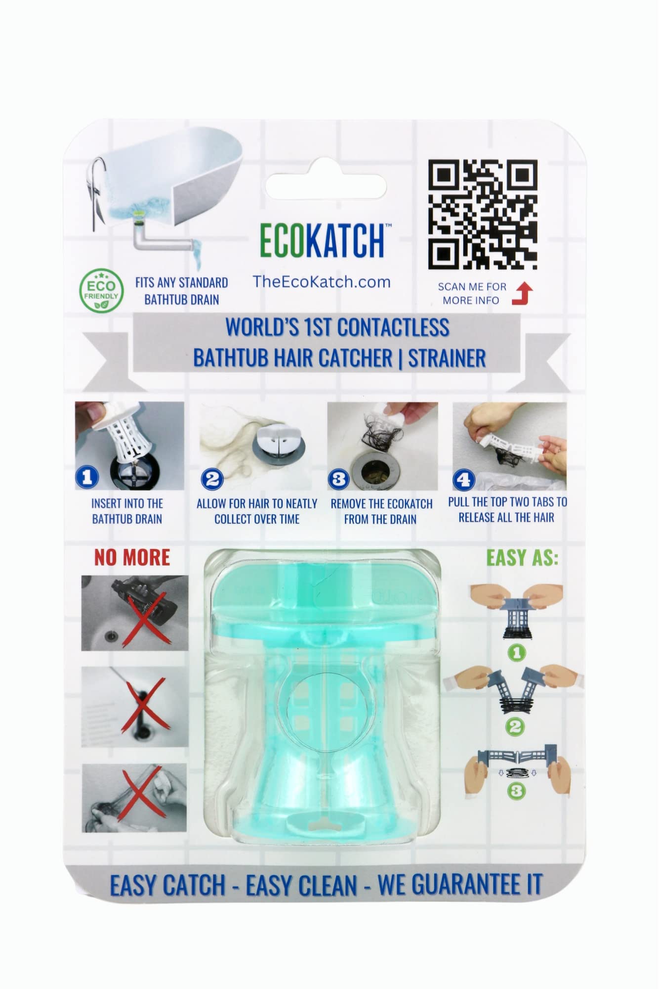 EcoKatch - Ultimate Contactless and Hygienic Bathtub Drain Hair Catcher | Drain Protector | Strainer | Universal Fit for Standard Bathtub with 1.5" to 1.75" Drain (Ice Blue)