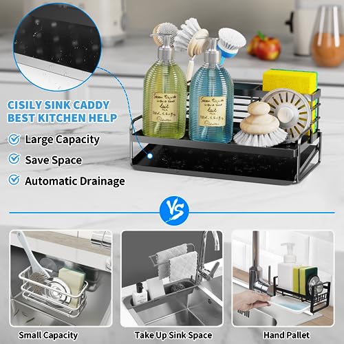 Cisily Kitchen Sink Caddy Organizer, Sponge Holder for Kitchen Sink, SUS 304 Stainless Steel Sponge Organizer, Scrub Daddy Holder, Dish Brush Holder for Kitchen Sink, Kitchen Accessories（Black）