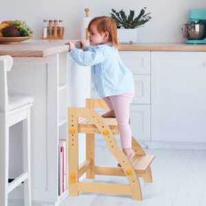 Wooden Step Stool for Kids, Kitchen Toddler Step Stool for Bathroom Sink and Toilet Stool for Kids Potty Training Anti-Slip Sturdy Height Lift Stool (Natural)