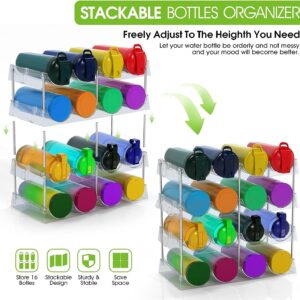 DWWFCC Large Water Bottle Organizer for Cabinet w 8 Hooks - Stackable Clear Bottle Storage Organizer, Acrylic Plastic Tumbler Travel Mug Cup Organizer Holder Wine Rack for Countertop-2oz to 32oz